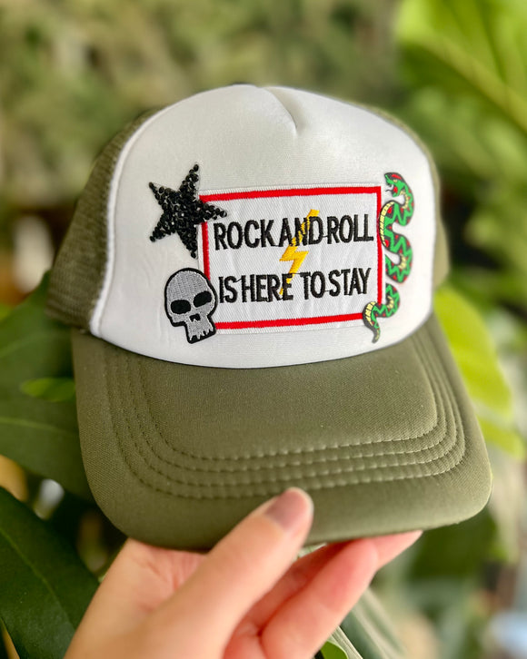 Rock and roll patch trucker hat