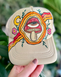 Mushroom hand painted trucker hat